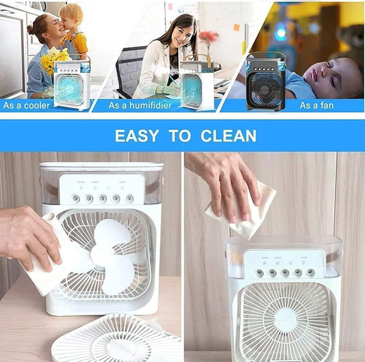 Portable USB Air Cooler Fan & Humidifier – 3-in-1 Mini Cooling Fan with Mist Spray & LED Light