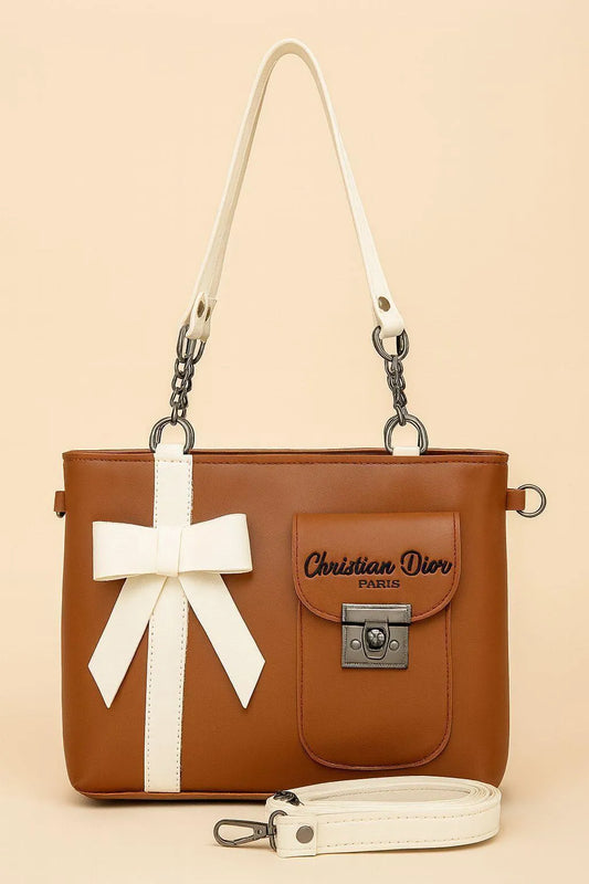 Elegant Brown Women’s Handbag with White Bow & Detachable Shoulder Strap