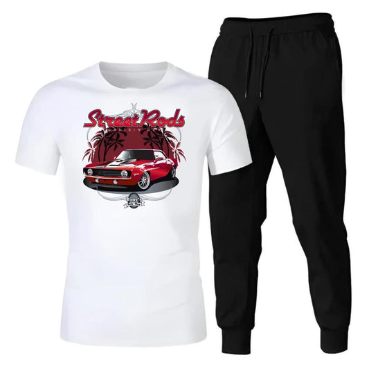 Men’s Printed Cotton Track Suit – White & Red Car Design 2-Piece Set | Stylish Casual Wear