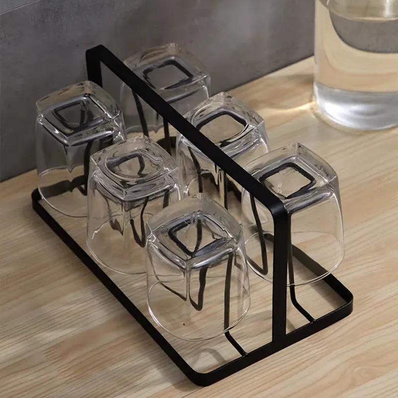 Modern Iron Glass Holder Rack – 6 Cup Drying Stand with Handle