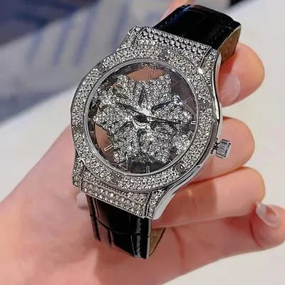 Luxury Crystal Flower Dial Women’s Watch – Diamond-Style Bezel with Black Leather Strap