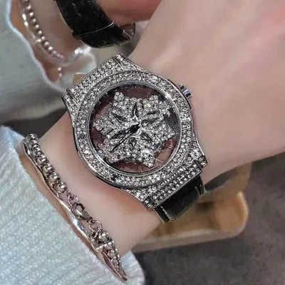 Luxury Crystal Flower Dial Women’s Watch – Diamond-Style Bezel with Black Leather Strap