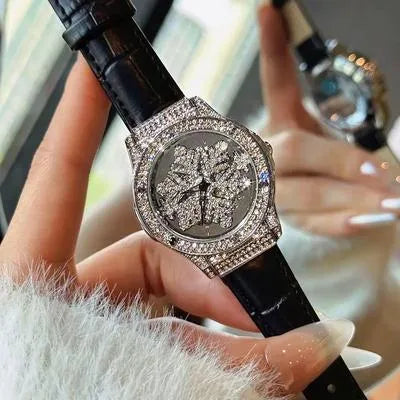 Luxury Crystal Flower Dial Women’s Watch – Diamond-Style Bezel with Black Leather Strap