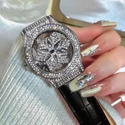 Luxury Crystal Flower Dial Women’s Watch – Diamond-Style Bezel with Black Leather Strap