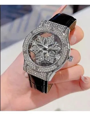 Luxury Crystal Flower Dial Women’s Watch – Diamond-Style Bezel with Black Leather Strap
